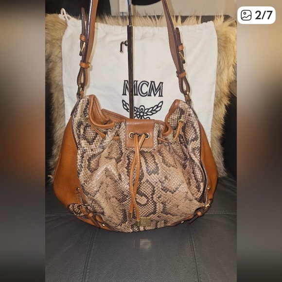 MCM Snake Print Leather Hobo Bag magnetic closure no MCM dustbag - Picture 2 of 13